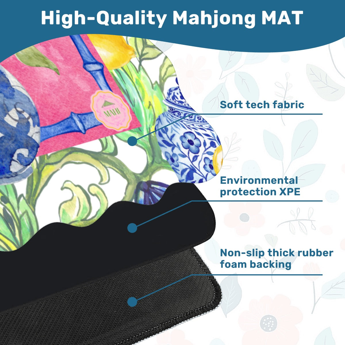 Chinoiserie Bloom Scalloped Mahjong Mat 31.5"x31.5" (Ship Rolled up)