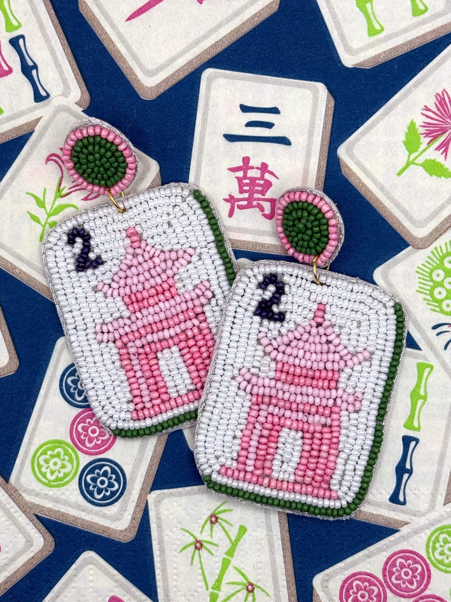 Pink Pagoda Mahjong Beaded Statement Earrings