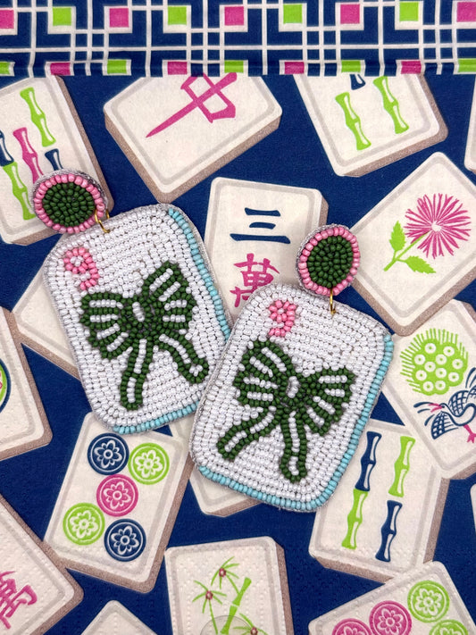 Green & White Bow Mahjong Beaded Statement Earrings