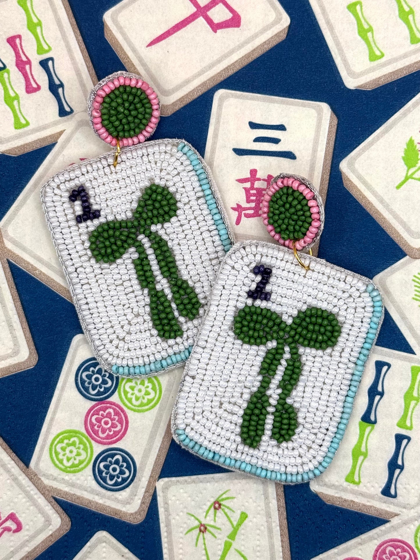 Solid Green Bow Mahjong Beaded Statement Earrings