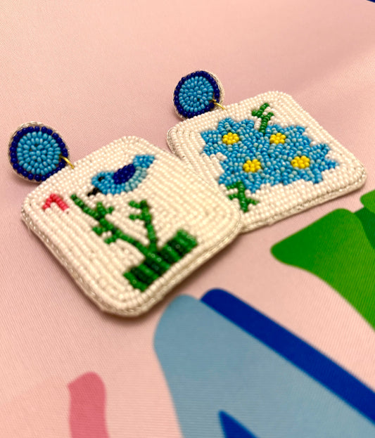 Bird Bam & Flower Mahjong Beaded Statement Earrings