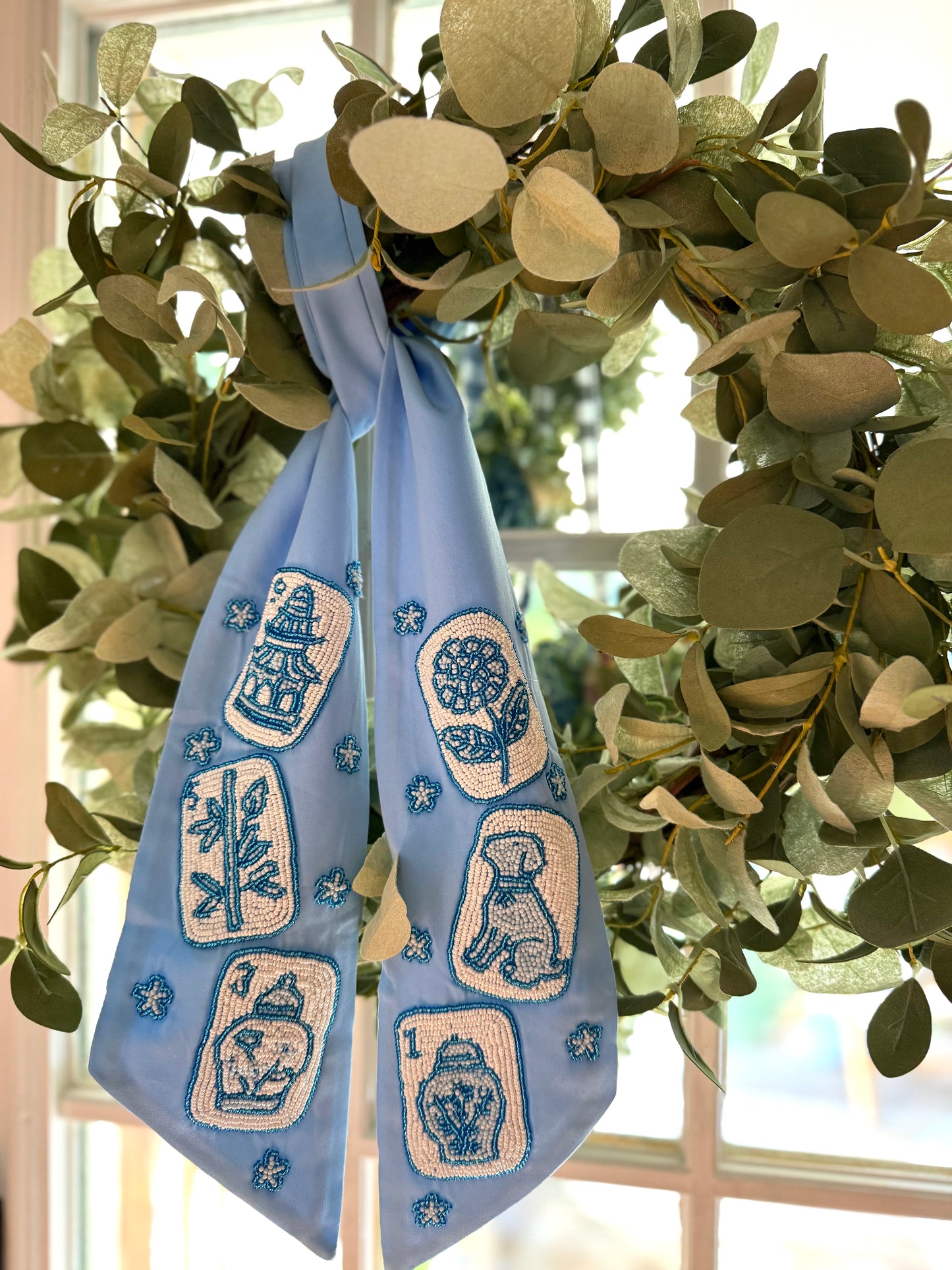 Blue Chinoiserie Mahjong Wreath Sash