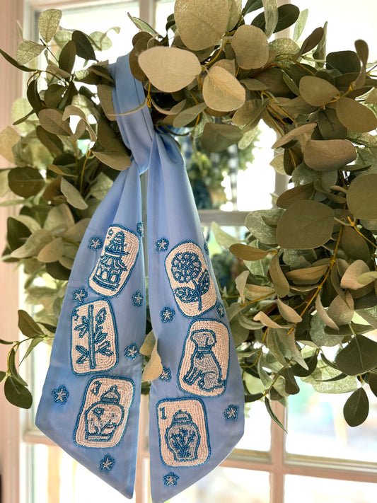 Blue Chinoiserie Mahjong Wreath Sash