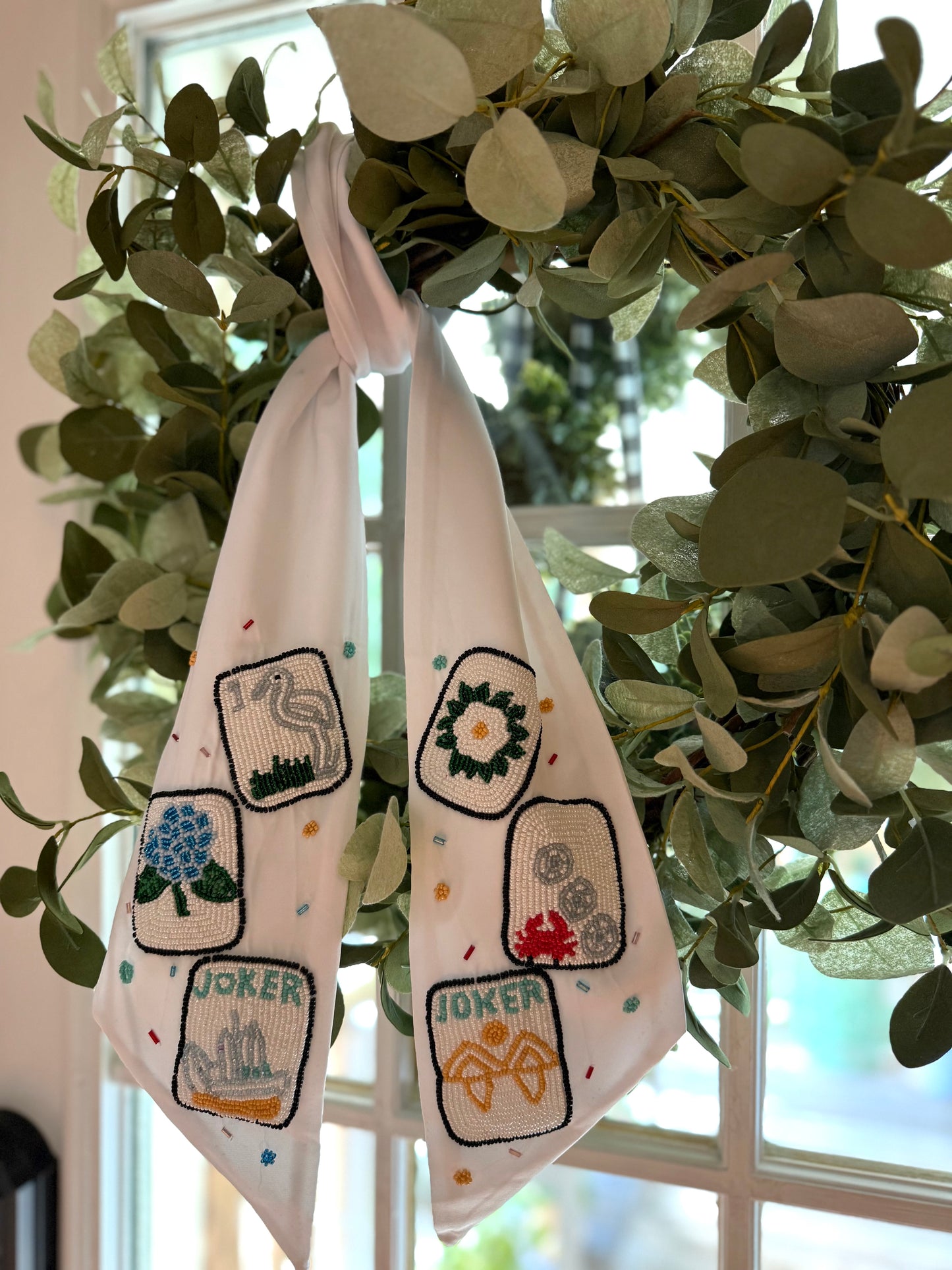 Along the Shore White Mahjong Wreath Sash