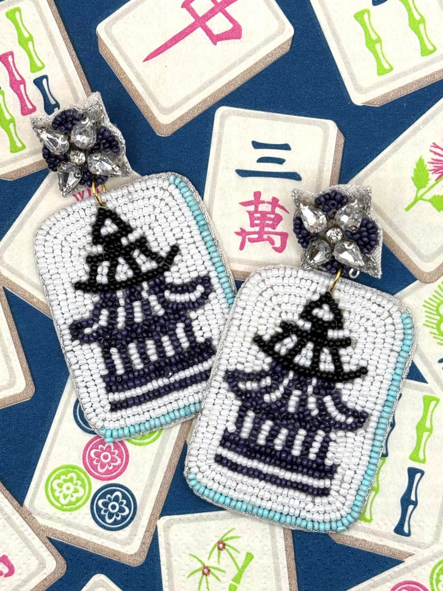 Jeweled Navy & White Pagoda Mahjong Beaded Statement Earrings
